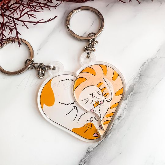 Matching Valentine Cat Keyring, Cute Pet Keychain Set, Pet Memorial Gift, Valentines Day Gift, Car Accessories
