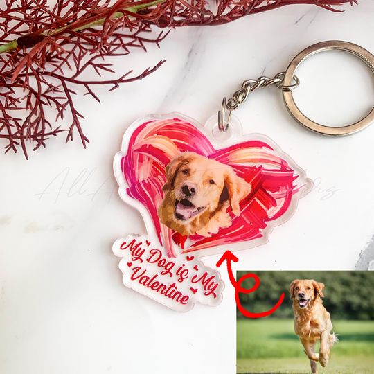 My Dog is My Valentine Keyring, Personalized Pet Doodle Keychain, Heart Keychain, Pet Photo Ornament, Birthday Gift, Valentines Day Gift