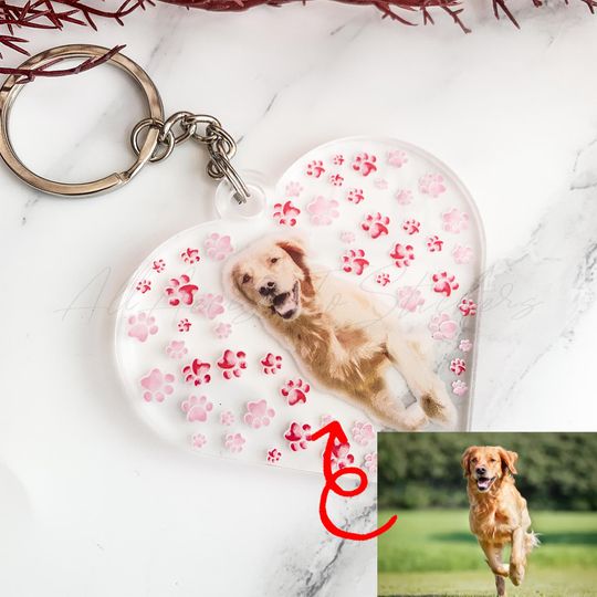 Pink  paw Heart Valentines Keychain, Custom Pet Portrait Keyring, Birthday Father's Day Gift For Him, Pet Keepsake, Valentines Day Gift