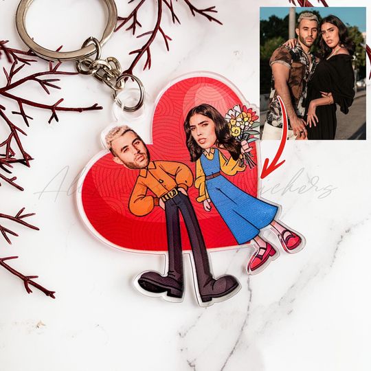 Personalized Couple Photo Keychain, Wedding Kechain With Big Red Heart, Custom Face Keychain, Anniversary Gift, Gift for Him