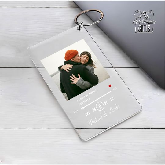 Engagement Gift Acrylic Keychain, Custom Photo Song Plaque Keychain, Music Lover Valentine Keychain, Custom Picture Valentines Day Gift