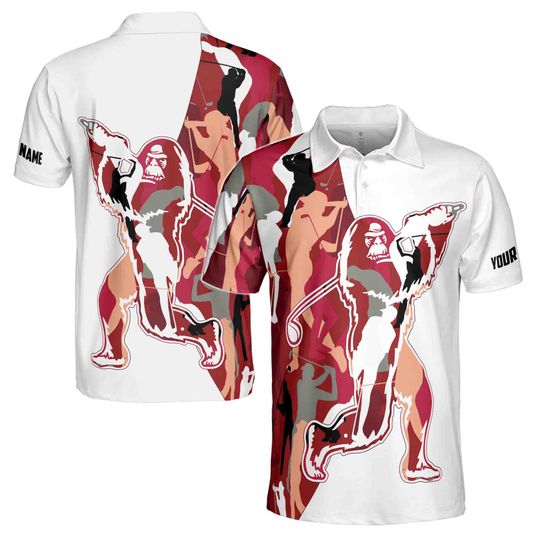 Custom Name Red Camo Bigfoot Golf Men's Polo Shirt - Gift For Father, Boyfriends, Husband