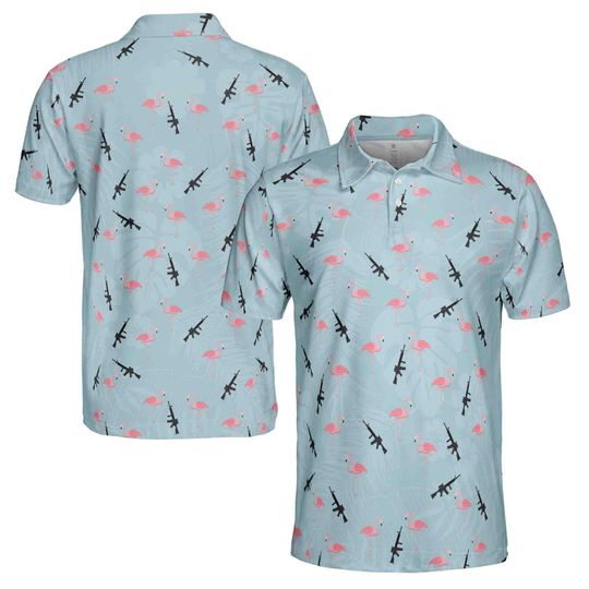 Funny Gun Pink Flamingo Floral Plants Golf Men's Polo Shirt - Gift For Father, Boyfriends, Husband