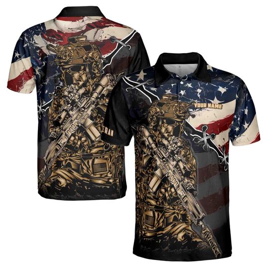 Customize Name American Soldier Skeleton Skull Veteran Men's Polo Shirt - Gift For Father, Boyfriends, Husband