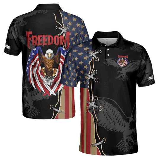 Custom Name Freedom Eagle Vintage Patriotic American Flag 4th Of July Independence 3D Polo Shirt - Gift For Father, Boyfriends, Husband