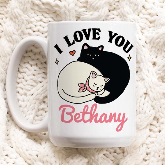 Custom Name Valentine Mug, I love you Valentines Cats Cup Personalized, Girlfriend Wife mug, Stocking Stuffer, Birthday present Cute Gift
