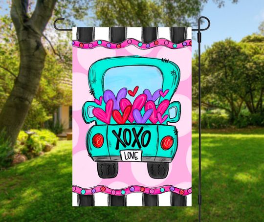 Garden Flag | Valentine Decor | Spring Yard Decor | Welcome Flag | Yard Art | Outdoor Decor | Valentines Day truck with hearts