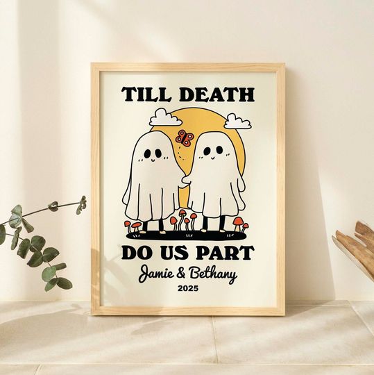 CUSTOM Romantic Ghosts Print, Personalized Wedding Illustration, Anniversary Engagement Valentines Gift, Til death do us part Quote UNFRAMED