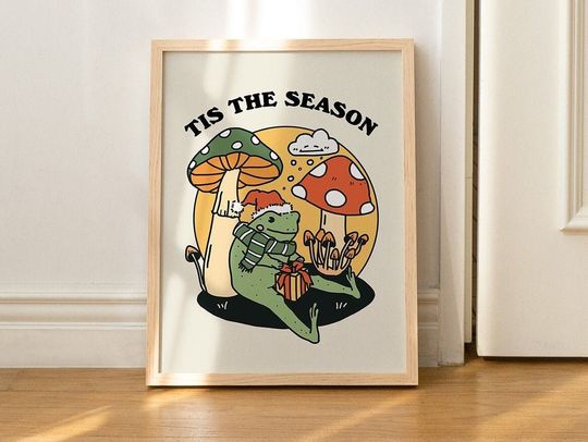 Festive Frog Mushroom Print, Retro Holiday Decor, Tis the Season, 70s Xmas Wall Decor, Groovy Christmas Poster, Seasonal Decor, UNFRAMED
