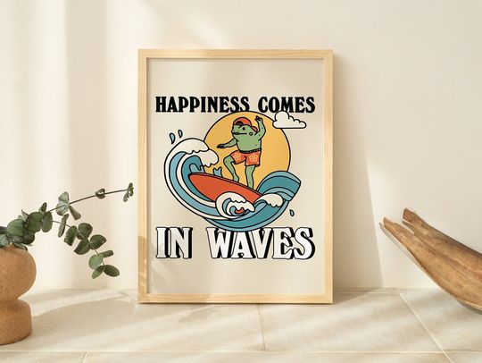 Surfing Frog Wall Print, Retro Happiness Quote, Cute Frog Surf Print, Nautical Ocean Illustration, Self Care Art, Bathroom Prints, UNFRAMED