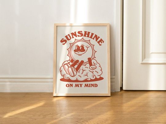 Sunshine Retro Character Wall Art, Positive Quote Wall Print, Cute Wall Decor,  Red Wall Poster, Burnt Orange, UNFRAMED
