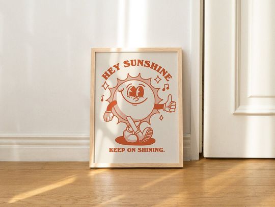 Sun Retro Character Wall Art, Retro Quote Wall Print, Vintage Wall Decor,  Burnt Orange Wall Decor, Positivity Art UNFRAMED