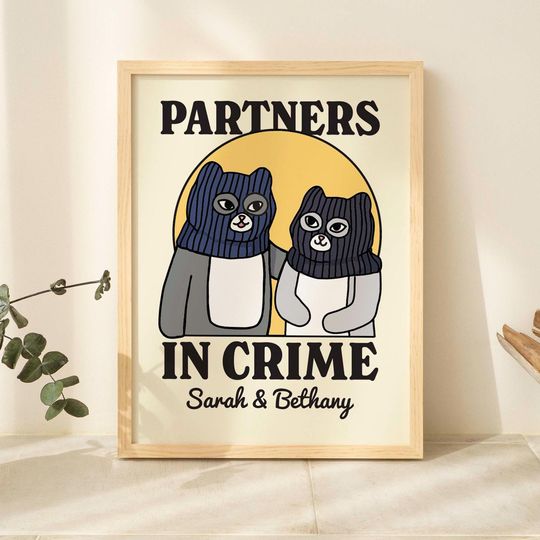 Personalized Partners in Crime Cat Print, Custom Cats Illustration, Anniversary Engagement Valentines Gift Idea, friendship gift, UNFRAMED