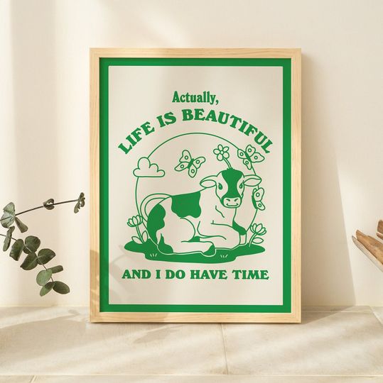 Cute Cow Quote Print, Chill Quote, Retro Style Illustration, Cottagecore Farm Animal Kids Poster, Burnt Orange Green Decor Prints, UNFRAMED