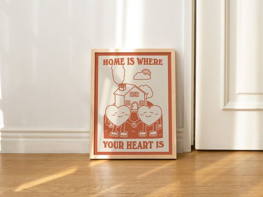 Home Wall Art, Line Art Positive Quote Wall Print, Cute Wall Decor, First Home Prints, Baby Pink Wall Poster, Burnt Orange, Green UNFRAMED