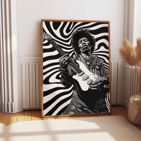 Jimi Hendrix B&W Wall Art, Music Hero Print, Retro Concert Poster, Psychedelic Room Dcor, 70s Vintage Poster, Indie/Rock Music Room Gift