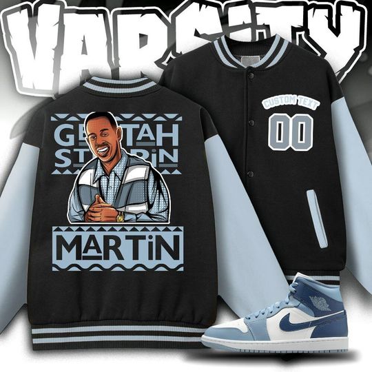 Custom  Blue Grey Unisex Varsity Jacket, Martin Cartoon