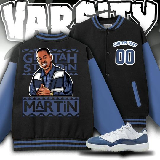 Custom  Blue Unisex Varsity Jacket, Martin Cartoon