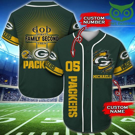 Personalized Green Bay Packers Baseball Jersey, God First Family Second Then Baseball Jersey