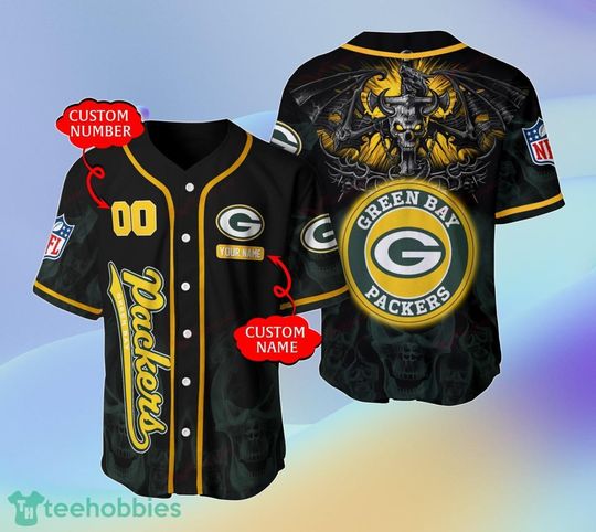 Personalized Green Bay Packers Baseball Jersey, Green Packers Skull Baseball Jersey