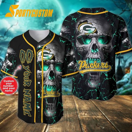 Personalized Green Bay Packers Baseball Jersey, Green Bay Skull Football Team Baseball Jersey