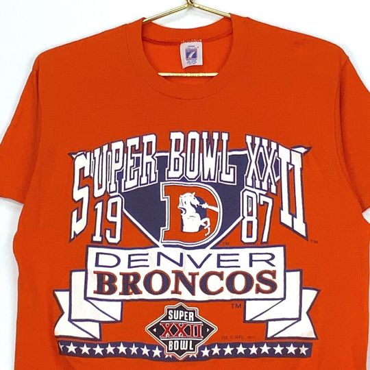 1987 Denver Broncos Super Bowl Logo 7 Vtg T-shirt Large Orange football 50/50 USA