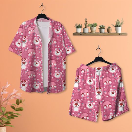 Pink Strawberry Bear Hawaiian Shirt - Button Down Shirt - Short Sleeve Shirt - Animal Kingdom Shirt - Gifts For Girlfriend