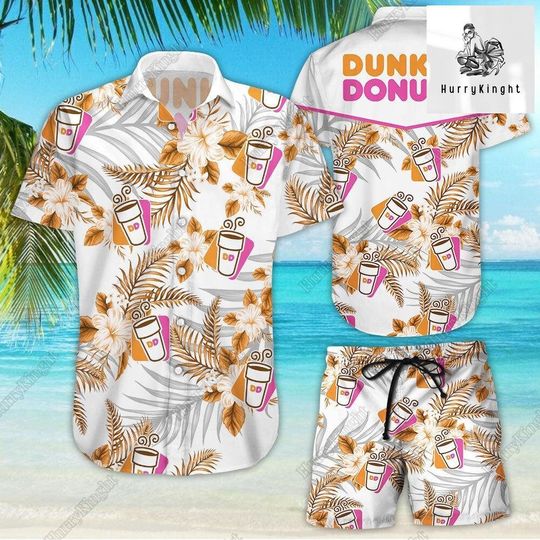 Dunkin' Donuts Button Shirt And Shorts, Dunkin' Donuts Hawaiian Shirt, Dunkin' Donuts Shirt, Food Hawaii Shirt, Dunkin' Donuts Shorts