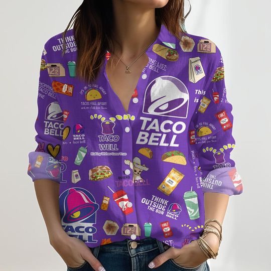 Taco Bell Women's Blouse, Taco Bell 90s Casual Shirt, Retro Fast Food Long Sleeve Shirt, Taco Bell Blouse Shirt, Trendy Women Shirt