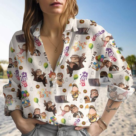 Carl Ellie Linen Shirt, His Carl Her Ellie Shirt, Couple Linen Blouse, Womens Blouses, Disney Movie Button Shirt, Up Long Sleeve Shirt
