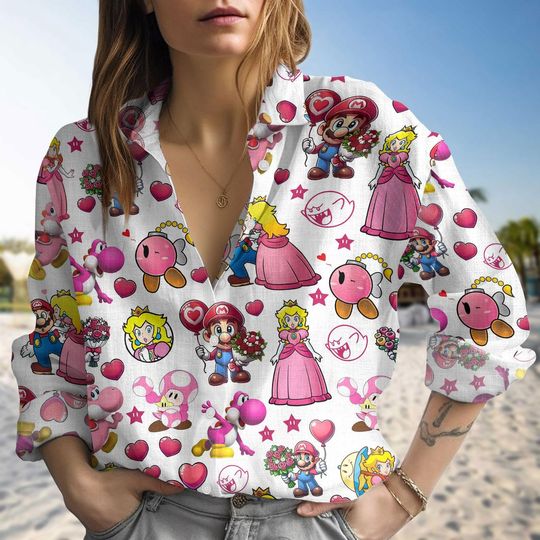 Super Mario Bros Linen Shirt, Mario And Princess Peach Couple Shirt, Gaming Long Sleeve Shirt, Button Down Shirt, Valentines Day Gifts