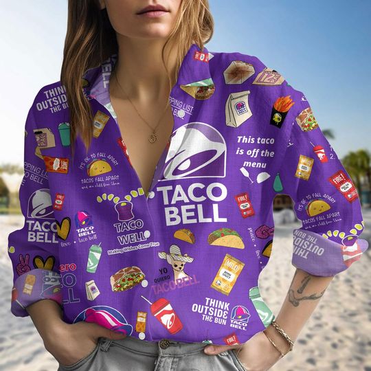 Taco Bell Linen Shirt, Foodie Shirt, Taco Lover Gift, Linen Shirt Women, Drinking Women Blouses, Long Sleeve Shirt, Button Down Shirt