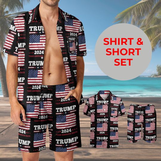 2024 Trump Take America Back Men Hawaiian Short Outift  Republican Rally Clothes Gift For Husband Donald Trump Supporter American Flag Shirt