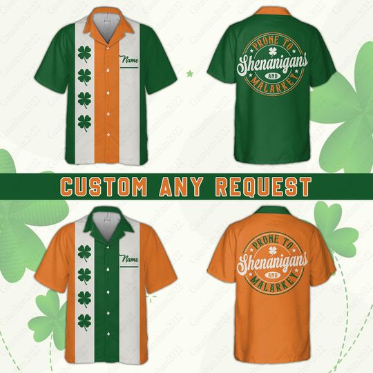Personalized St Patricks Day Pocket Hawaiian Shirt, Shenanigans And Malarkey, Custom Name Irish Shamrock Button Up Shirt, Retro Lucky Shirt