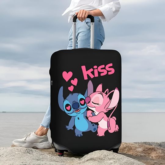 Stitch & Angel Kiss Luggage Cover | Cute Couple Travel Protector | Unique Travel Gift by TripTux