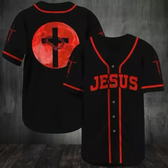 Jesus - Cross in a red moon Baseball Jersey