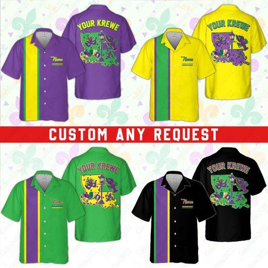 Personalized Mardi Gras Pocket Hawaiian Shirt, Custom Name Mardi Gras Parade Krewe Button Up Shirt, Louisiana Map Shirt, Fat Tuesday Gifts