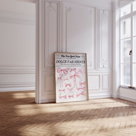 Trendy Pink Bows Wall art, Newspaper Print, La Dolce Vita Girly wall decor, Coquette College Dorm decor, Preppy wall art