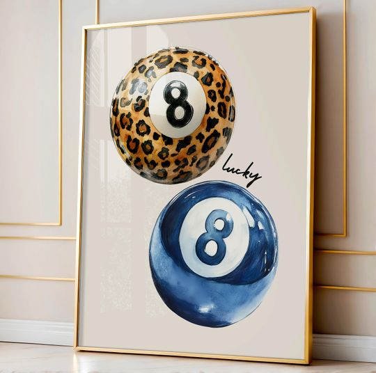 Navy 8 Ball Print, Leopard Print Funky Wall Art, Lucky You Poster, Dopamine Decor, Cheetah Print, Preppy Poster, Aesthetic Posters