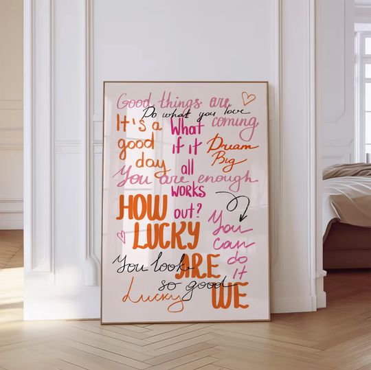 How Lucky Are We Wall Art Print Orange Pink Preppy Print Retro Trendy Wall Art Aesthetic Dorm Decor Bedroom Wall Art Quote Printable