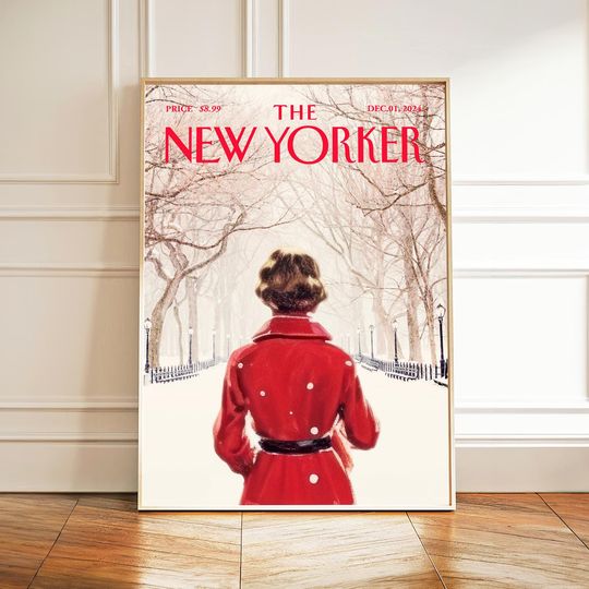 The New Yorker Christmas Print, Girly New York Print, Central Park Print, Retro New York Poster, Cozy Winter Printable Art, Woman in Red