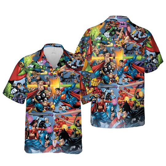 DC Fighting Hawaiian Shirt | Vintage Hawaiian Shirt | Retro Superhero Shirt | Tropical Button Down Shirt | Beach Button Down Shirt