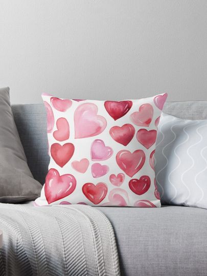 Crimson Blush Watercolor Hearts Throw  Pillow