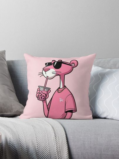 Cute Pink Panther Drink  Throw  Pillow