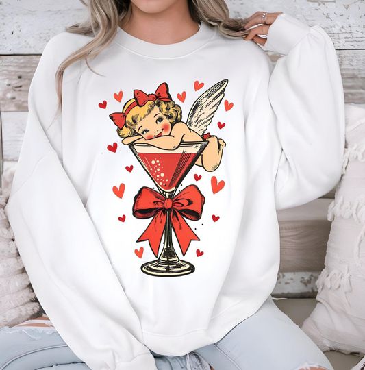 Retro Cupid Coquette Bow Sweatshirt, Cupid Martini Valentine Sweatshirt