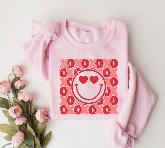 XOXO Smiley Face Valentine Sweatshirt, Cute Valentines Sweatshirt, Pink Smiley Face Love Sweatshirt