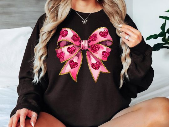 Valentines Day Pink Bow Sweatshirt - Coquette Sweatshirt Gift For Valentines Day Shirt Sweatshirt