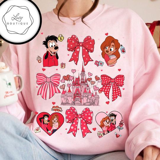Disney Pink Coquette Bows Max and Roxanne Valentine Sweatshirt, Disney Valentine Couple Matching Sweatshirt