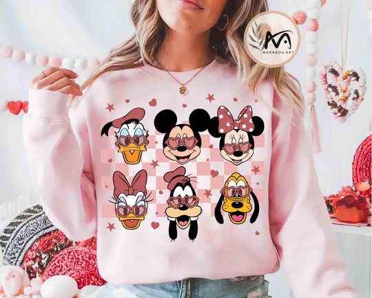 Mickey and Friends Disney Valentine Checkered Sweatshirt, WDW Disneyland Happy Valentine's Day Sweatshirt