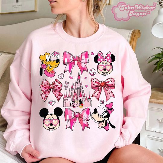 Coquette bows Disney valentine Sweatshirt, Pink Disney castle Happy Valentine 2025 Sweatshirt, Mickey & friends Sweatshirt
